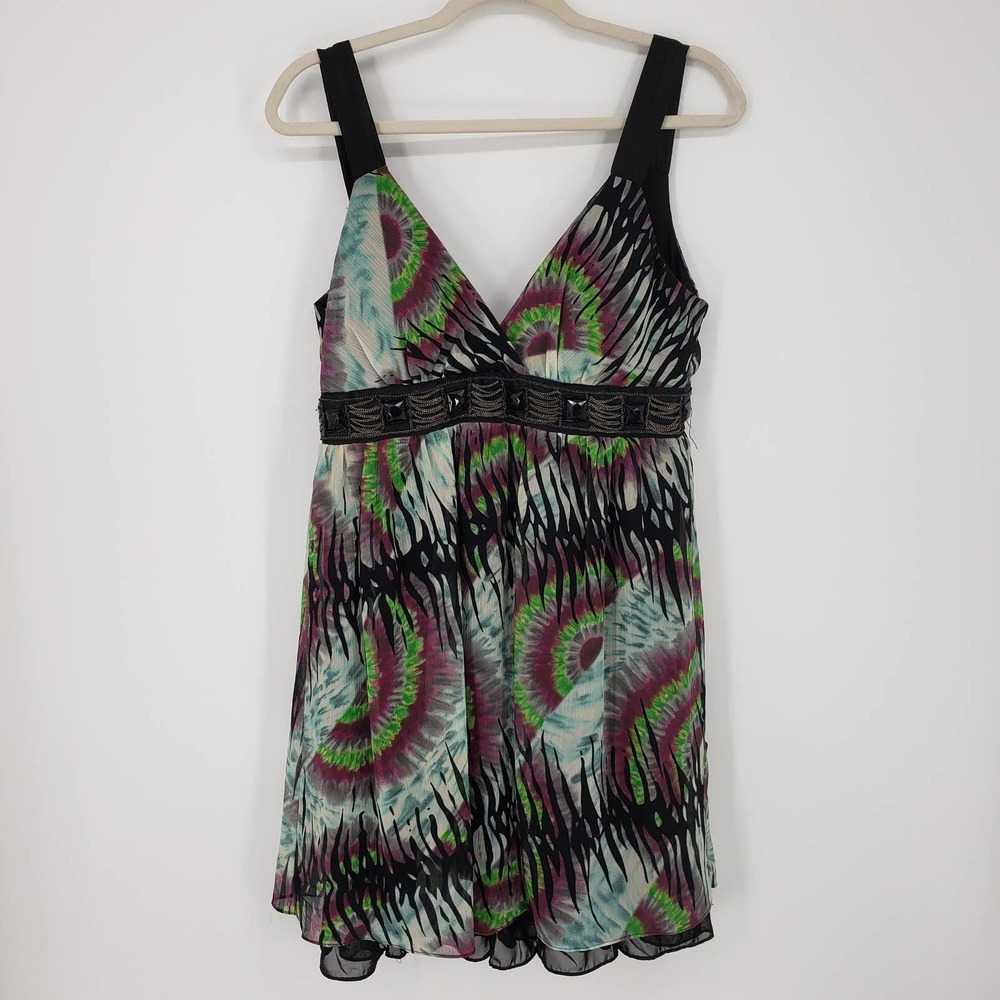 3/$25 Vintage Y2K Tie Dye Dress M Embellished Sleeveless A Line Open Back Black
